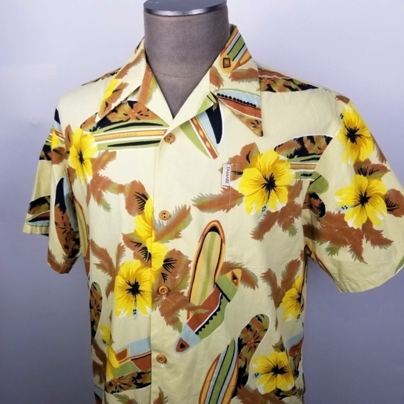 70’s TAMARE VINTAGE HAWAIIAN Tropical Shirt Mens L Pale Yellow- Butterfly Collar - Picture 2 of 7